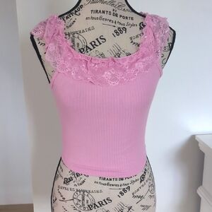 BOZZOLO | Women's Pink Lace Detail Ribbed Cropped Fitted Tank Top NWOT
